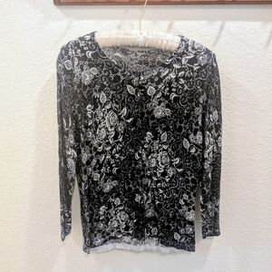 Garnet Hill Merino Wool Black and White Floral Cardigan